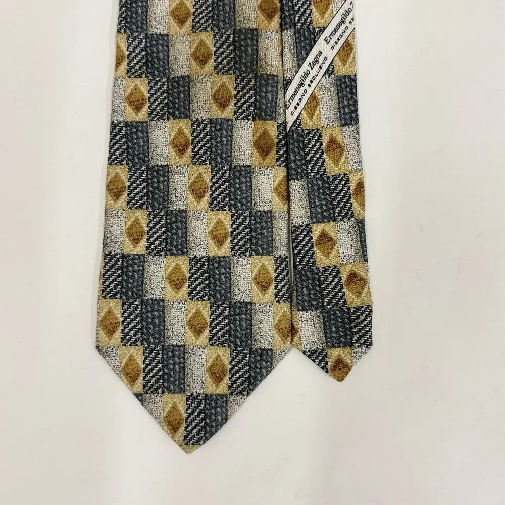 Ermenegildo Zegna Gray Gold Geometric Check Silk Tie Made in Italy Disegno